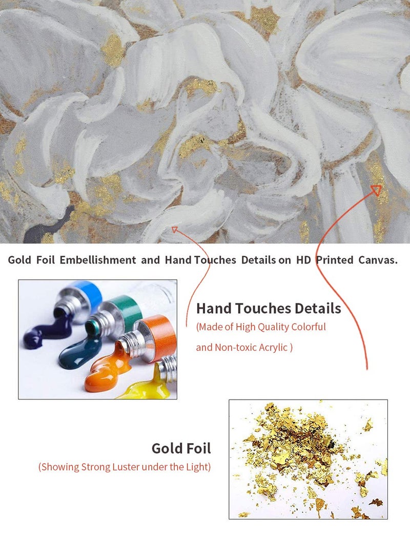 Goldfoilart فن الجدران من الذهب الورقي - صور زهور بيضاء مزهرة على قماش - لوحات حديثة بإطار فني من الذهب الورقي لتزيين غرفة المعيشة والحمام وغرفة النوم والمطبخ والمكتب 24" x 24" - Image 4
